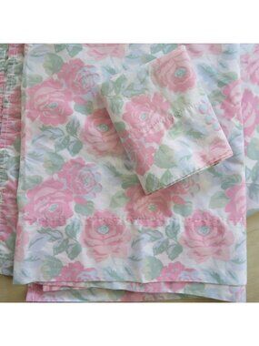 Vintage 70s Stevens Twin Flat Sheet Pillowcase Set Pink Rose Percale Cottagecore